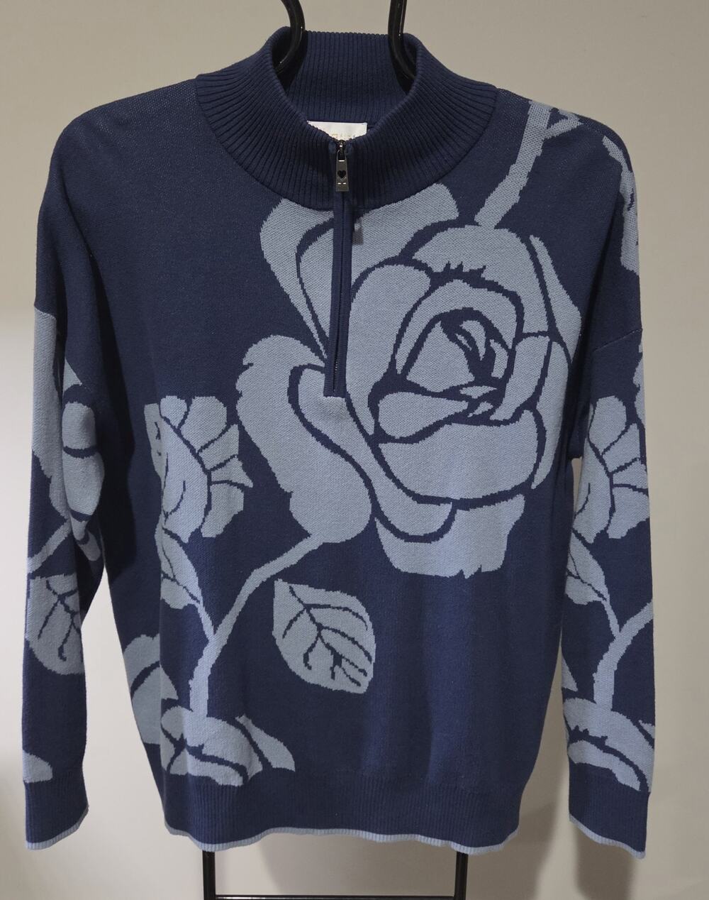 Belle By Kim Gravel XL Indigo Floral Intarsia Half Zip Sweater A698195 NWOT